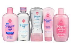 five bottles of johnson's baby lotion are lined up against a white background