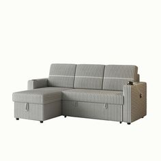 a gray and white striped couch with storage underneath it