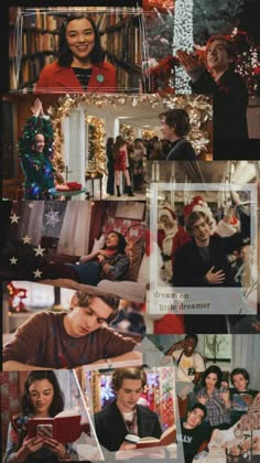 the collage shows many different people and christmas decorations, including presents, books, and gifts