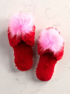 HOLIDAY SLIPPERS IN RED/PINK – Mac + White Boutique Holiday Slippers, Red Texture, Fun Slippers, Pom Pom Slippers, It Band, Local Gifts, Pink Holiday, The Mailbox, Red Shop