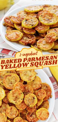 baked parmesan yellow squash recipe on a white plate with bananas in the background