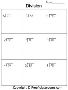 division worksheet with two numbers in the middle and one on the top,