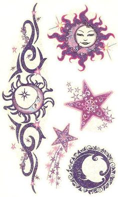 temporary tattoos with sun, moon and stars on white sheet paper for girls or boys