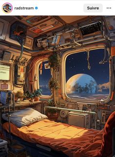 an artist's rendering of a space station with a bed, desk and window