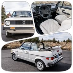 the interior and dashboard of a white volkswagen car in three different shots, including one with an open hatchback