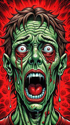 an image of a zombie with blood dripping from his eyes and mouth on red background