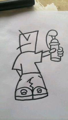 a drawing of a cartoon character holding a bottle