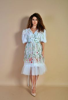 "Amazing white tulle dress with floral embroidery. 🌹 It has balloon sleeves and ties at the waist. The embroidery is going to make you feel like a beautiful fairy ️ and you will radiate positive energy with this dress on. You can wear it for any special occasion, such as a wedding or a cocktail party, etc. If you order, you also get a matching mask as a gift. 💃💗 Care: hand wash and hang dry Available Size: XS, S, M, L, XL, 2XL, 3XL, 4XL, 5XL, 6XL, 7XL, 8XL The model wears size M - 5,7' / 175 Balloon Sleeves Dress, Puffy Sleeves Dress, Short Bridal Dress, White Tulle Dress, Backless Dress Summer, Pink Tulle Dress, Strawberry Dress, White Embroidered Dress, Animal Print Skirt