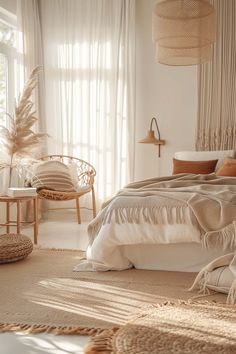 a bedroom with wicker furniture and natural light coming in from the window, along with white drapes