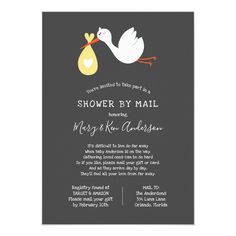 a stork carrying a baby in a bag shower by mail card with the words,