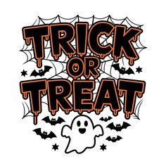 the words trick or treat are in front of a white background with black and orange spooks