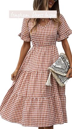 Gingham Plaid V-neck Dress For Picnic, Gingham Plaid Knee-length Dress For Summer, Gingham V-neck Dress For Vacation, Casual Midi Dresses, Womens Plaid Dress, Knee-length Gingham Plaid Summer Dress, Beach Gingham V-neck Dress, Cotton Short Dresses, Shapewear Dress