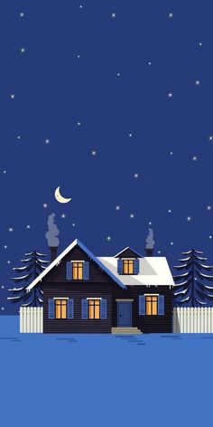 a house in the snow at night with stars and moon on it's roof