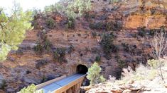 a tunnel in the side of a mountain with trees