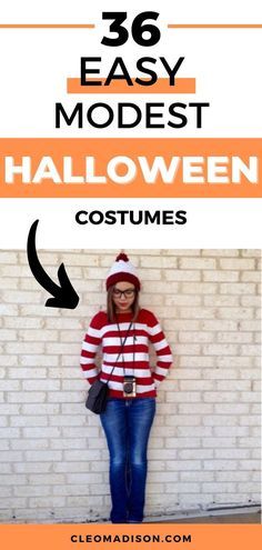 a woman standing in front of a brick wall with text overlay that reads, 35 easy modest halloween costumes