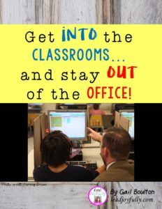 two children sitting in front of computers with the words get into the classroom and stay out of the office