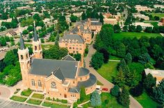 an aerial view of a large church in the middle of a town with lots of trees