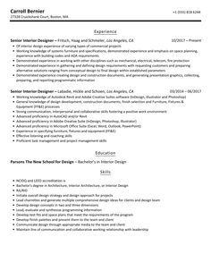 a professional resume for an interior designer in this format, you can use it to fill out