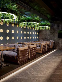 a room with couches, tables and plants hanging from the ceiling above it is lit by lights