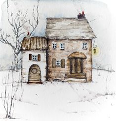 a drawing of a house in the snow