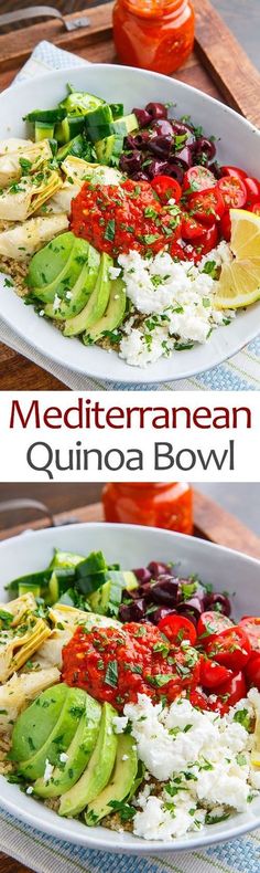 this mediterranean quinoa bowl is loaded with vegetables and feta cheese