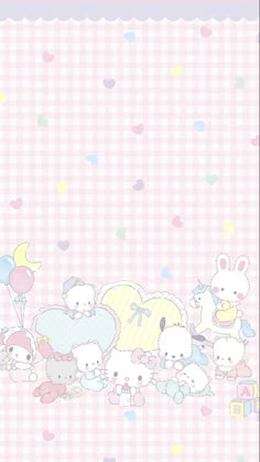 an image of hello kitty wallpaper with teddy bears and other animals on pink checkered background