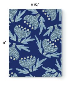 a blue and white flower pattern on a square background with measurements for the width of each piece