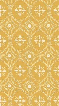 a yellow and white wallpaper with an intricate design