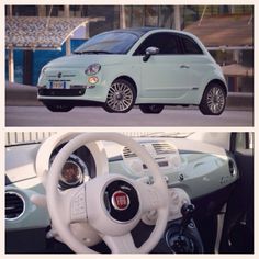 two pictures of a small car with steering wheel and dashboard