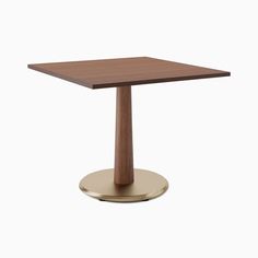 a square wooden table with a metal base on an isolated white background for use in interior and exterior design