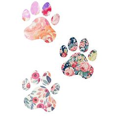 the paw prints are painted with watercolors on white paper and have floral designs