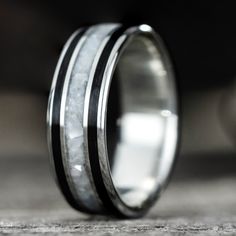 sterling-silver-black-whiskey-barrel-wood-mother-of-pearl-wedding-band-rustic-and-main Mens Silver Wedding Bands, 10k Gold Ring, Barrel Rings, Engraving Fonts, Sterling Silver Wedding Band, Silver Wedding Bands, Whiskey Barrel, 18k Gold Ring, Wood Rings