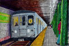 a drawing of a subway train coming into the station