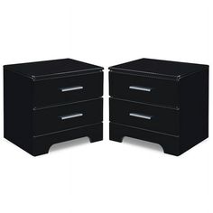 two black nightstands side by side with one drawer open and the other closed up