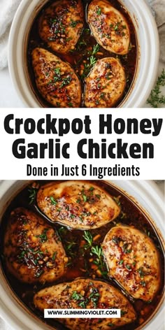 crockpot honey garlic chicken in a white pot with text overlay that reads, crockpot honey garlic chicken done in just 6 ingredients