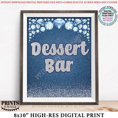 a blue and white poster with the words desert bar on it, surrounded by diamonds