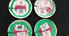 three paper plates with pictures on them sitting on a carpeted floor next to each other