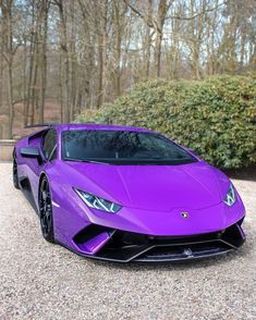 a purple sports car is parked in front of some bushes and trees on a gravel road