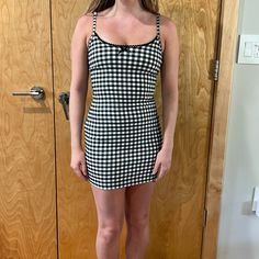 Black And White Plaid Casual Fitted Plaid Dress, Fitted Plaid Mini Dress, Black Cotton Plaid Mini Dress, Black Plaid Cotton Mini Dress, Trendy Fitted Plaid Mini Dress, Spring Plaid Fitted Mini Dress, Spring Fitted Plaid Mini Dress, Trendy Mini Dress For Picnic, Fitted Cotton Plaid Dress Casual Style