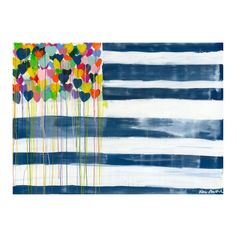 an abstract painting with balloons floating in the air on blue, white and green stripes