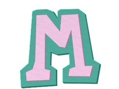 the letter m is made up of pink and green paper with a light blue border