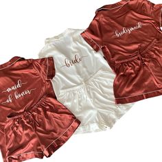 "🔺We offer LONG sets (long pants and long sleeves), and SHORT sets (short sleeves and shorts). Made of high quality silky satin, super soft and more luxurious fabric with spandex for comfort make these satin pajamas a wonderful gifts. Perfect gift for Girlfriend, Mother, Wife, Sister, Daughter, Niece, Aunt. Create your own unique set of bridesmaid pajamas by choosing from many gorgeous colors we offer. Choose to customize your pajama with your own text to add a special touch. 🔺HOW TO ORDER: 1) Fitted Satin Set For Wedding Night, White Short Sleeve Sets For Wedding Night, White Satin Sets For Wedding Night, White Short Sleeve Wedding Set, White Bridesmaid Gift Sets, White Sets For Bridesmaid Gift, Summer Wedding Matching Set, Red Wedding Sets For Summer, Red Summer Wedding Sets