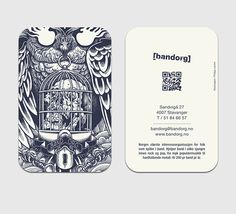 a business card with an image of a bird in a cage on the front and back