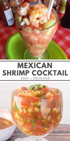 the mexican shrimp cocktail is served in a large glass bowl