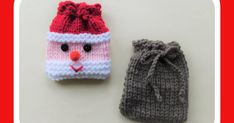 two knitted items are sitting next to each other on a white surface with red and gray accents