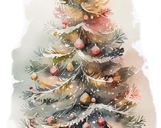 a watercolor painting of a christmas tree