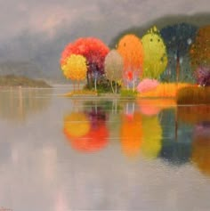 an oil painting of colorful trees reflecting in the water