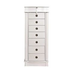 a white wooden cabinet with drawers and knobs on the bottom drawer, against a white background