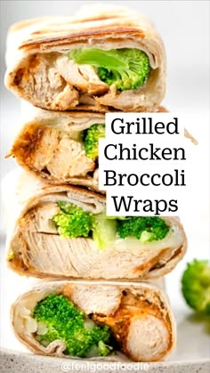 three wraps stacked on top of each other with broccoli and chicken inside them