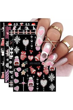 3D Christmas Nail Stickers, 4 Sheets 5D Self-Adhesive Embossed Nail Decal Elk Snowflakes Pink Nail Art Decoration Design Supplies Christmas Nail Stickers, Advertisement Design, Pink Nail Art, 3d Christmas, Pink Nail, Christmas Nail